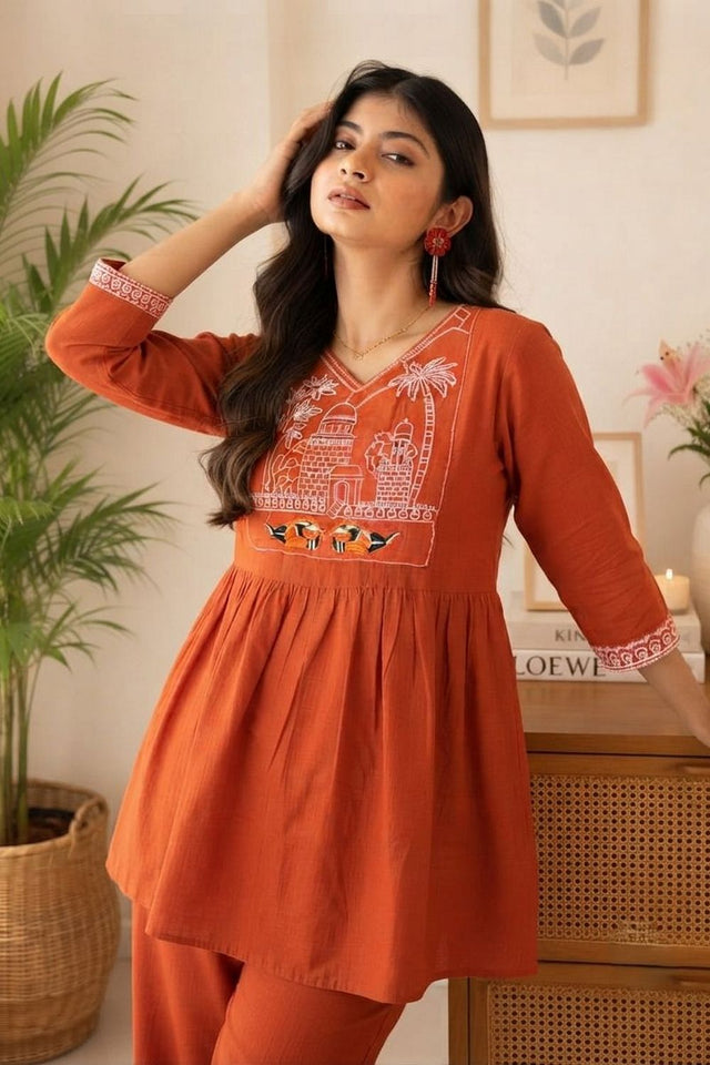 Rust Embroidered Cotton Kurti Pant Set (ACA9302)