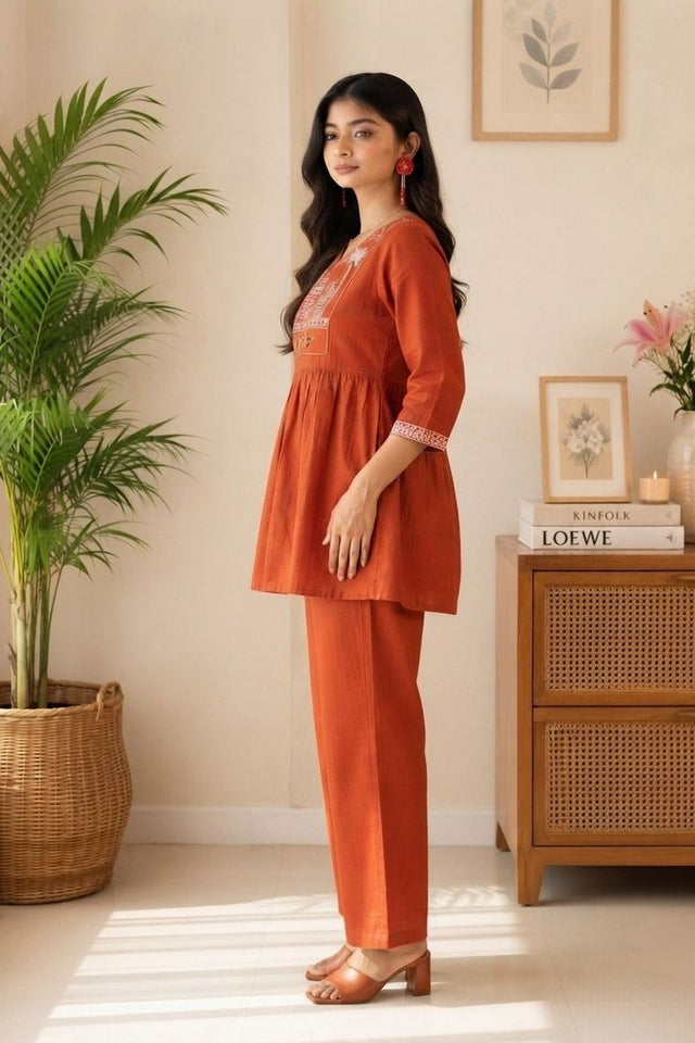 Rust Embroidered Cotton Kurti Pant Set (ACA9302)