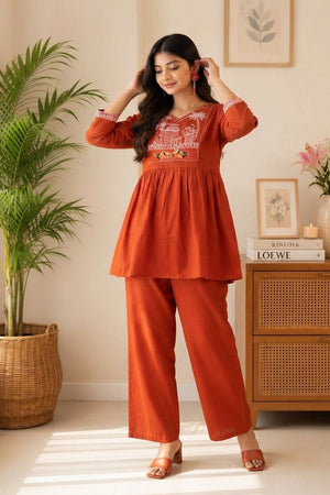 Rust Embroidered Cotton Kurti Pant Set (ACA9302)