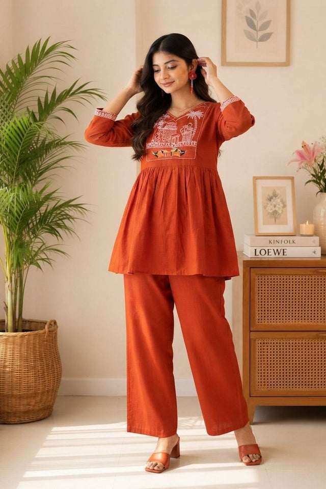 Rust Embroidered Cotton Kurti Pant Set (ACA9302)