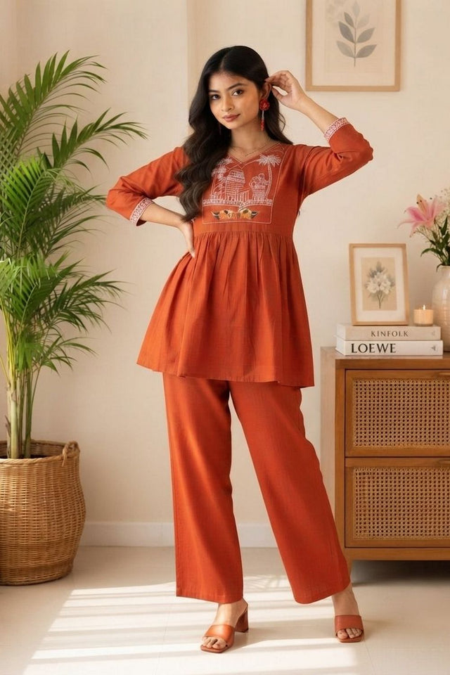 Rust Embroidered Cotton Kurti Pant Set (ACA9302)
