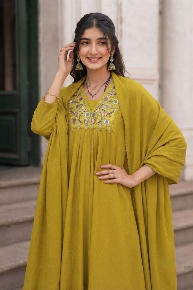 Mehendi Embroidered Cotton Anarkali Suit (ACA9303)