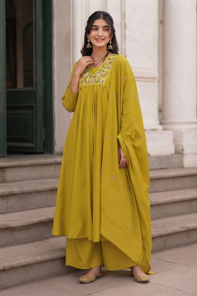 Mehendi Embroidered Cotton Anarkali Suit (ACA9303)
