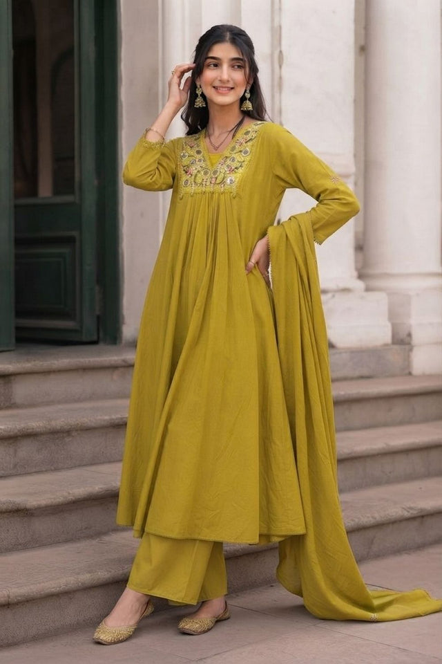 Mehendi Embroidered Cotton Anarkali Suit (ACA9303)