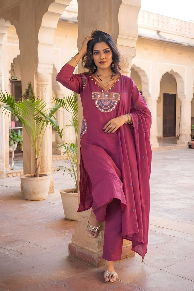 Pink Embroidered Cotton Kurti Pant Set (ACA9304)
