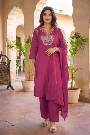 Pink Embroidered Cotton Kurti Pant Set (ACA9304)