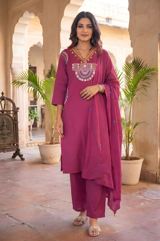 Pink Embroidered Cotton Kurti Pant Set (ACA9304)