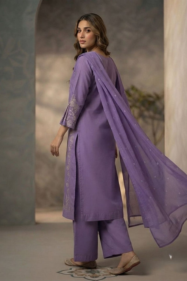 Lavender Floral Embroidered Cotton Kurti Pant Set (ACA9305)