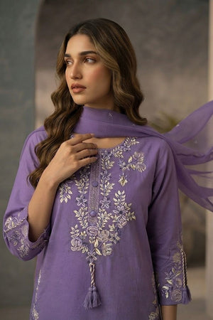 Lavender Floral Embroidered Cotton Kurti Pant Set (ACA9305)