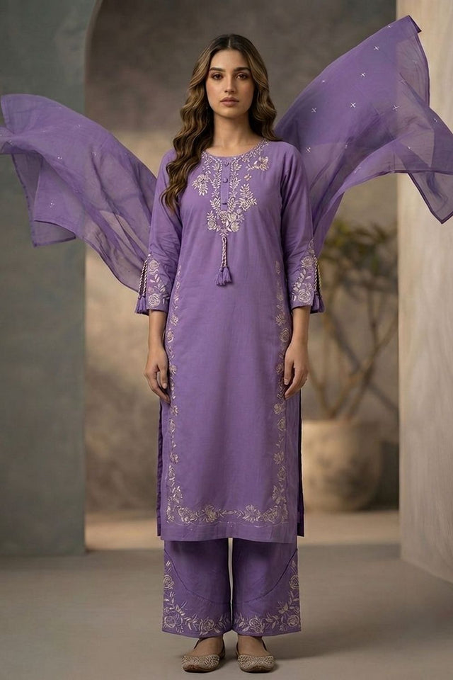 Lavender Floral Embroidered Cotton Kurti Pant Set (ACA9305)