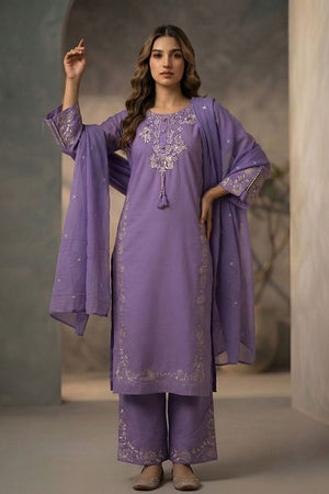 Lavender Floral Embroidered Cotton Kurti Pant Set (ACA9305)