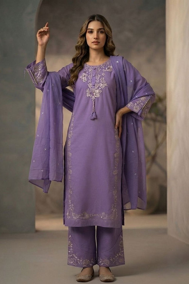 Lavender Floral Embroidered Cotton Kurti Pant Set (ACA9305)