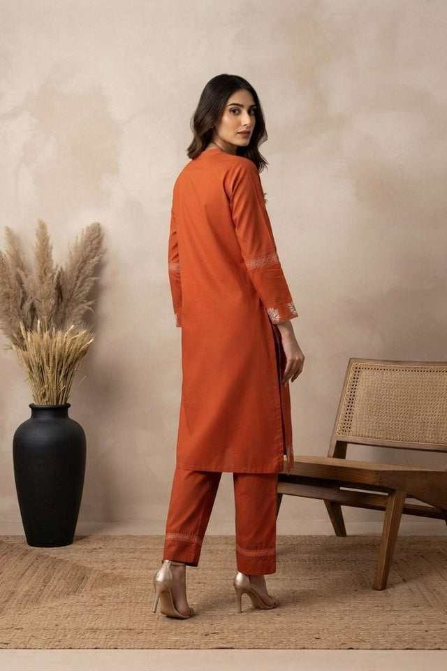 Rust Floral Embroidered Cotton Kurti Pant Set (ACA9306)