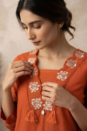 Rust Floral Embroidered Cotton Kurti Pant Set (ACA9306)