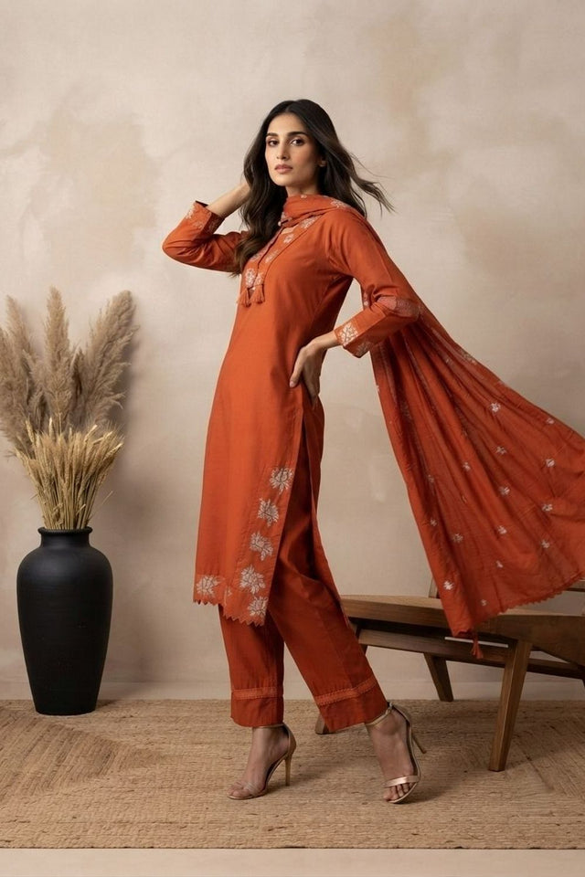 Rust Floral Embroidered Cotton Kurti Pant Set (ACA9306)