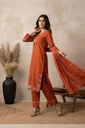 Rust Floral Embroidered Cotton Kurti Pant Set (ACA9306)