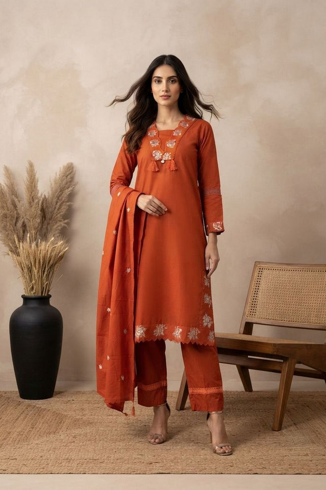 Rust Floral Embroidered Cotton Kurti Pant Set (ACA9306)