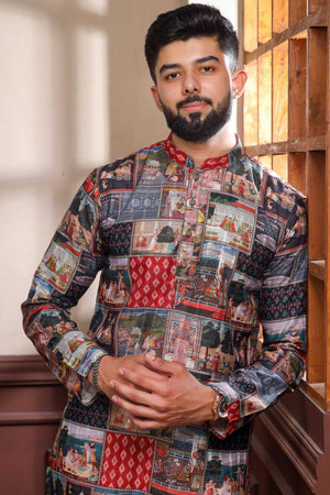 Mens Black Printed Cotton Kurta Set (ACA9315)