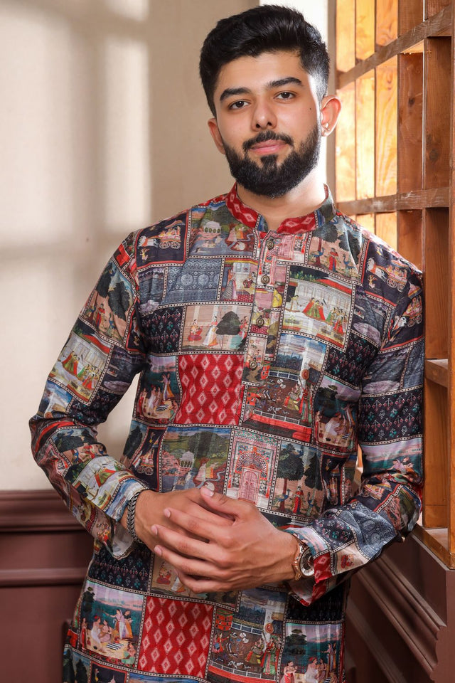 Mens Black Printed Cotton Kurta Set (ACA9315)