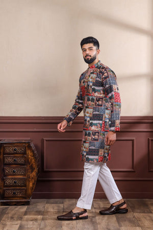 Mens Black Printed Cotton Kurta Set (ACA9315)