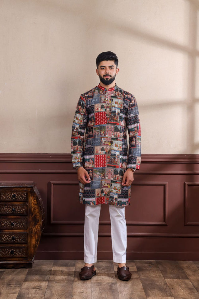 Mens Black Printed Cotton Kurta Set (ACA9315)