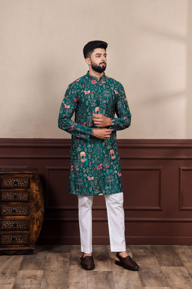 Mens Multi Color Printed Cotton Kurta Set (ACA9317)