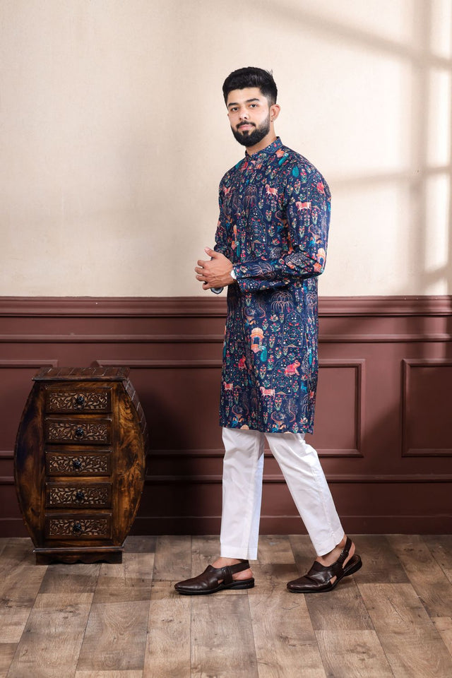 Mens Black Printed Cotton Kurta Set (ACA9319)