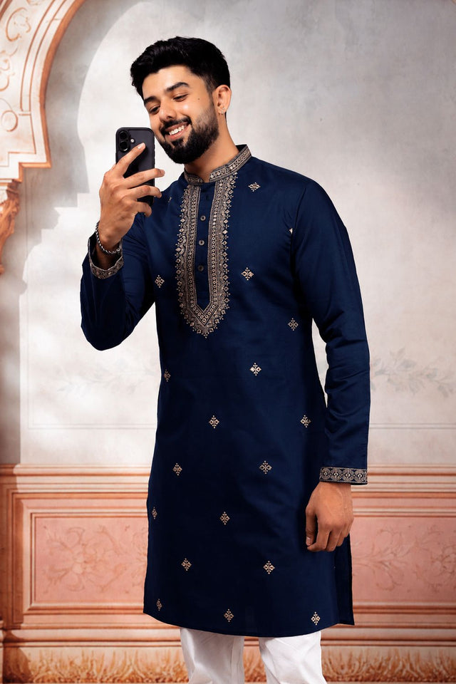 Mens Yellow Embroidered Cotton Kurta Set (ACA9325)