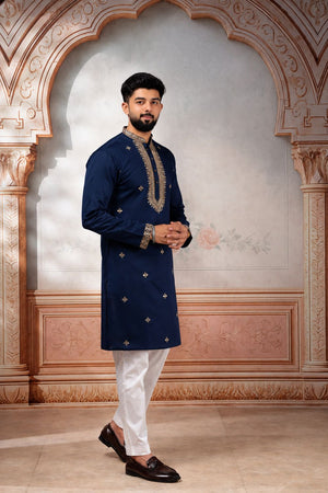 Mens Yellow Embroidered Cotton Kurta Set (ACA9325)