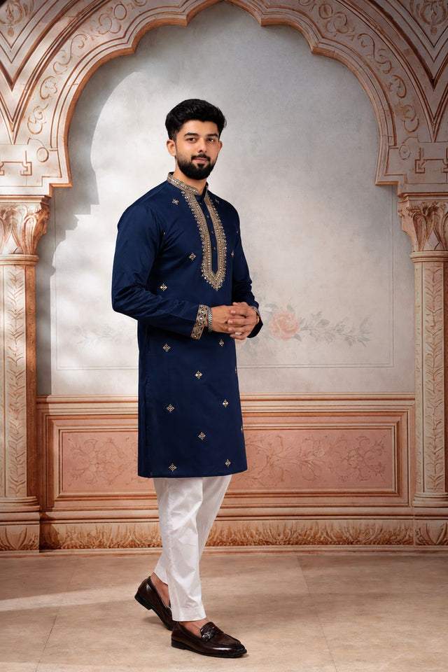 Mens Yellow Embroidered Cotton Kurta Set (ACA9325)