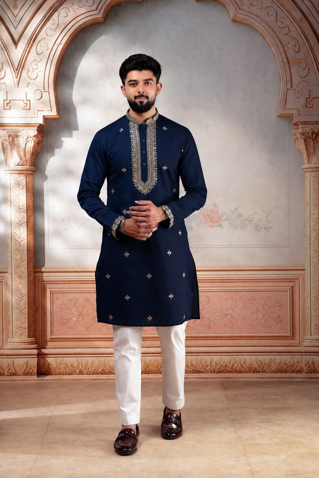 Mens Yellow Embroidered Cotton Kurta Set (ACA9325)