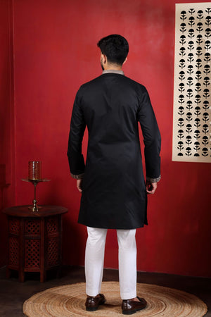 Mens Black Embroidered Cotton Kurta Set (ACA9326)