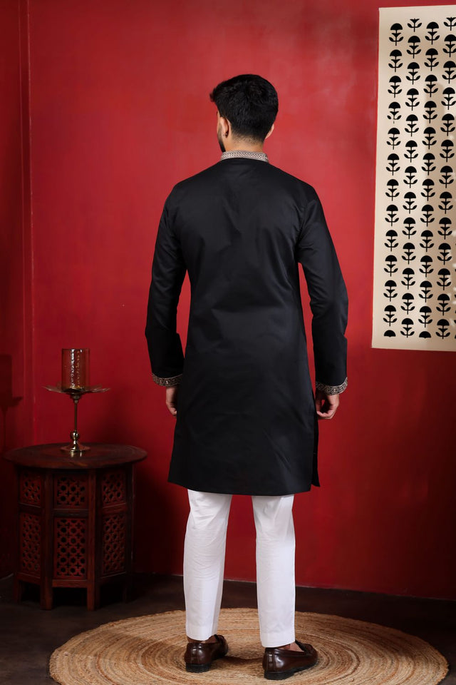 Mens Black Embroidered Cotton Kurta Set (ACA9326)