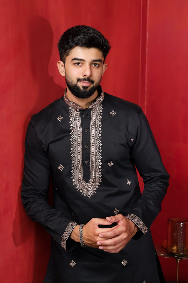 Mens Black Embroidered Cotton Kurta Set (ACA9326)