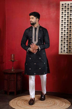 Mens Black Embroidered Cotton Kurta Set (ACA9326)