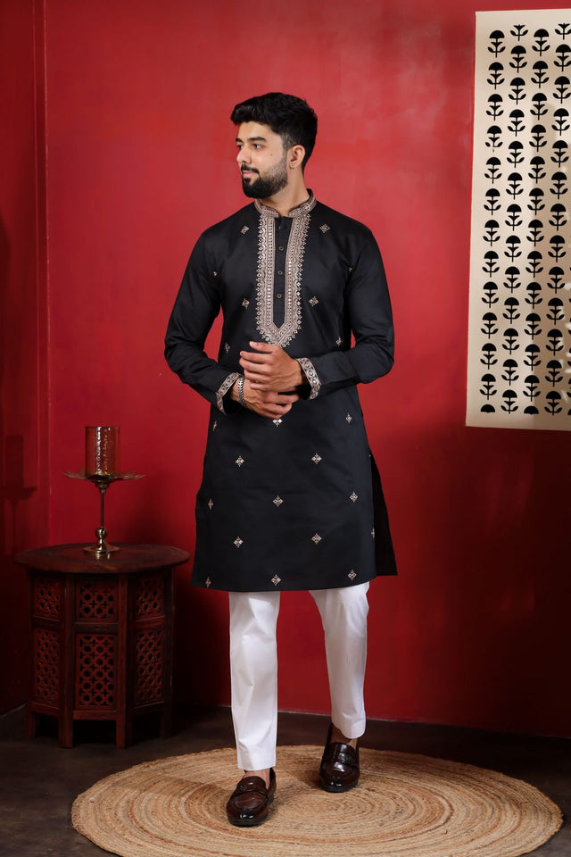 Mens Black Embroidered Cotton Kurta Set (ACA9326)