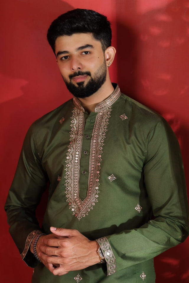 Mens Multi Color Embroidered Cotton Kurta Set (ACA9329)
