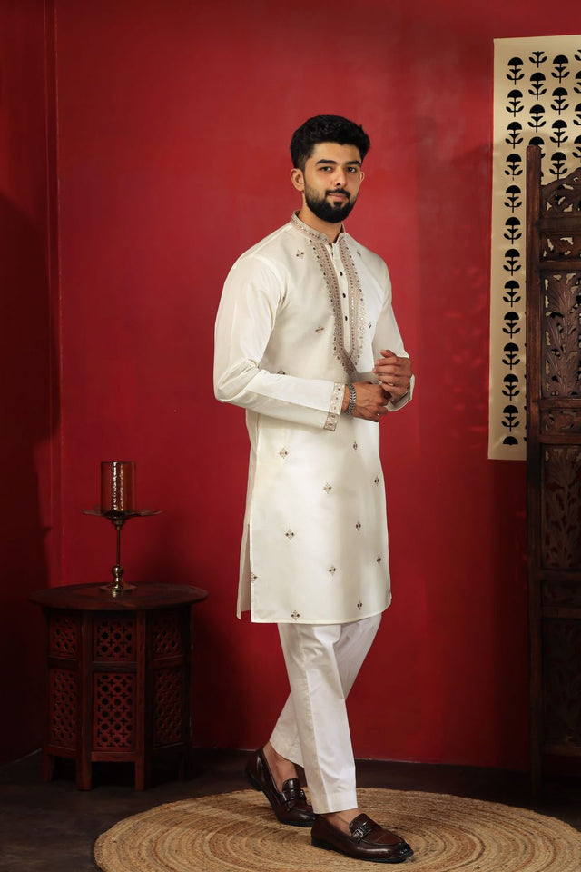 Mens Pink Embroidered Cotton Kurta Set (ACA9332)