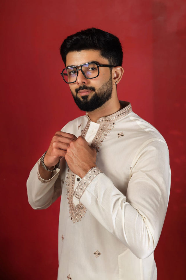 Mens Pink Embroidered Cotton Kurta Set (ACA9332)