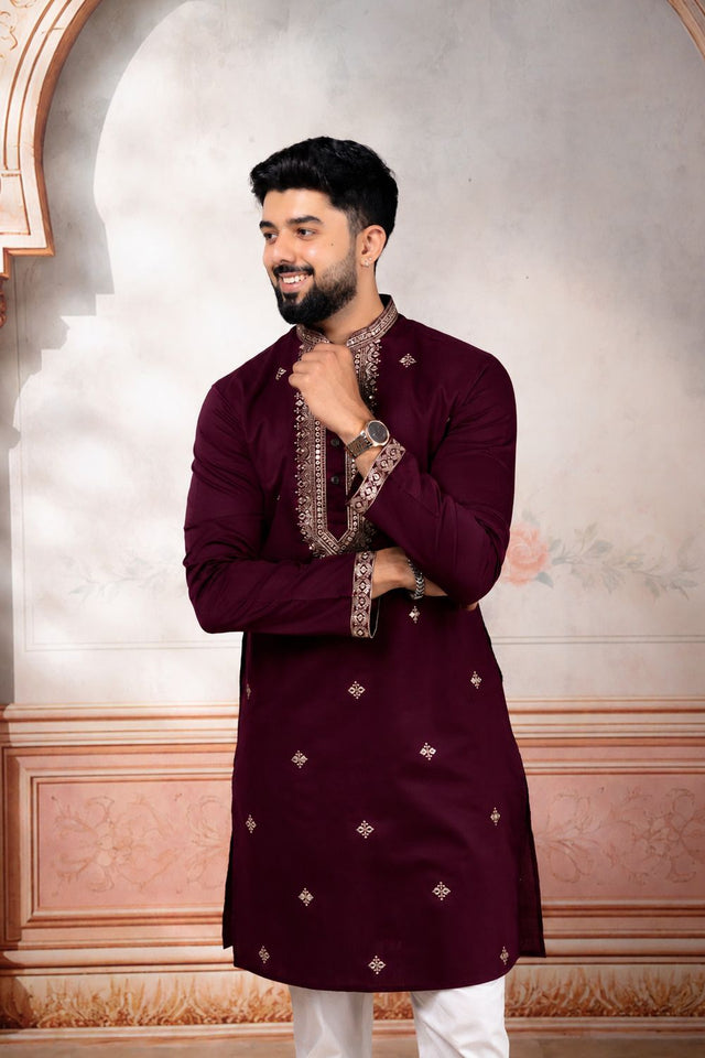 Mens Pink Embroidered Cotton Kurta Set (ACA9333)