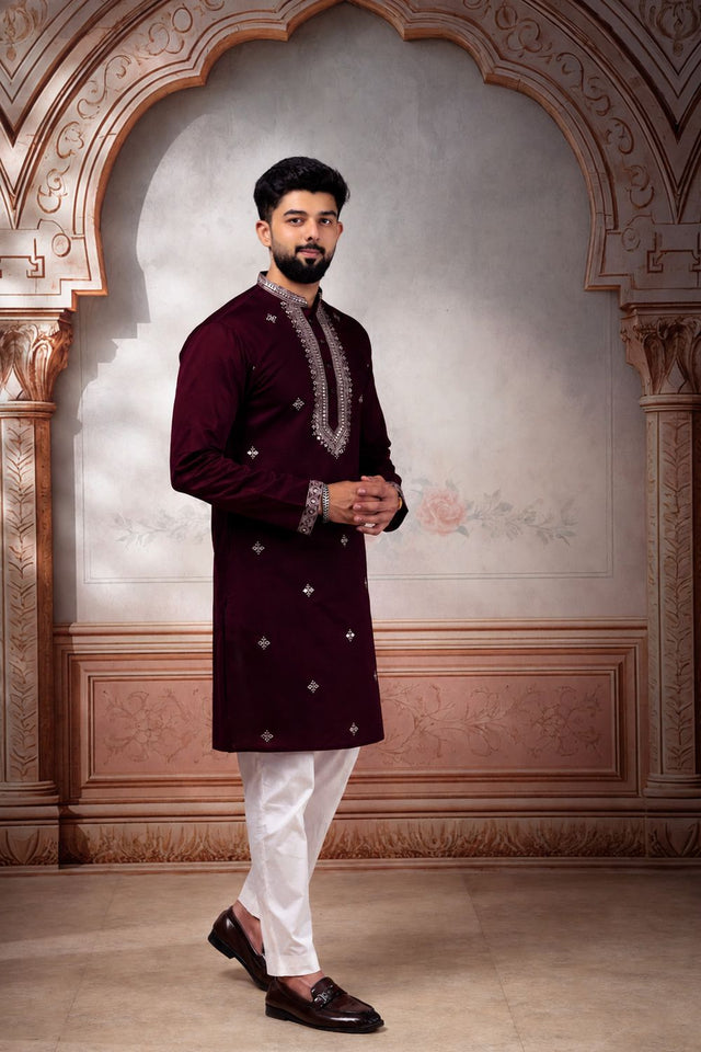 Mens Pink Embroidered Cotton Kurta Set (ACA9333)