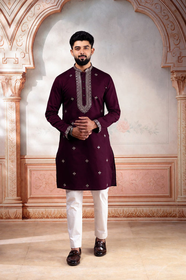 Mens Pink Embroidered Cotton Kurta Set (ACA9333)