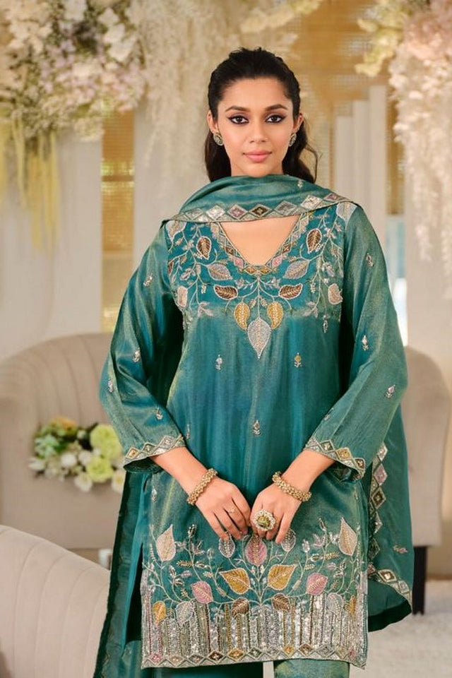Turquoise Heavy Embroidered Kurti Pant Set (ACA9335)