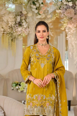 Yellow Heavy Embroidered Kurti Pant Set (ACA9336)