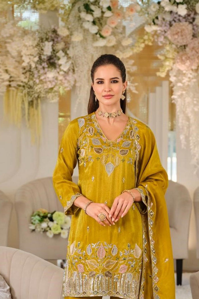 Yellow Heavy Embroidered Kurti Pant Set (ACA9336)