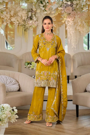 Yellow Heavy Embroidered Kurti Pant Set (ACA9336)