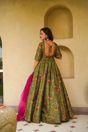 Mehendi Floral Printed Silk Gown (ACA9338)