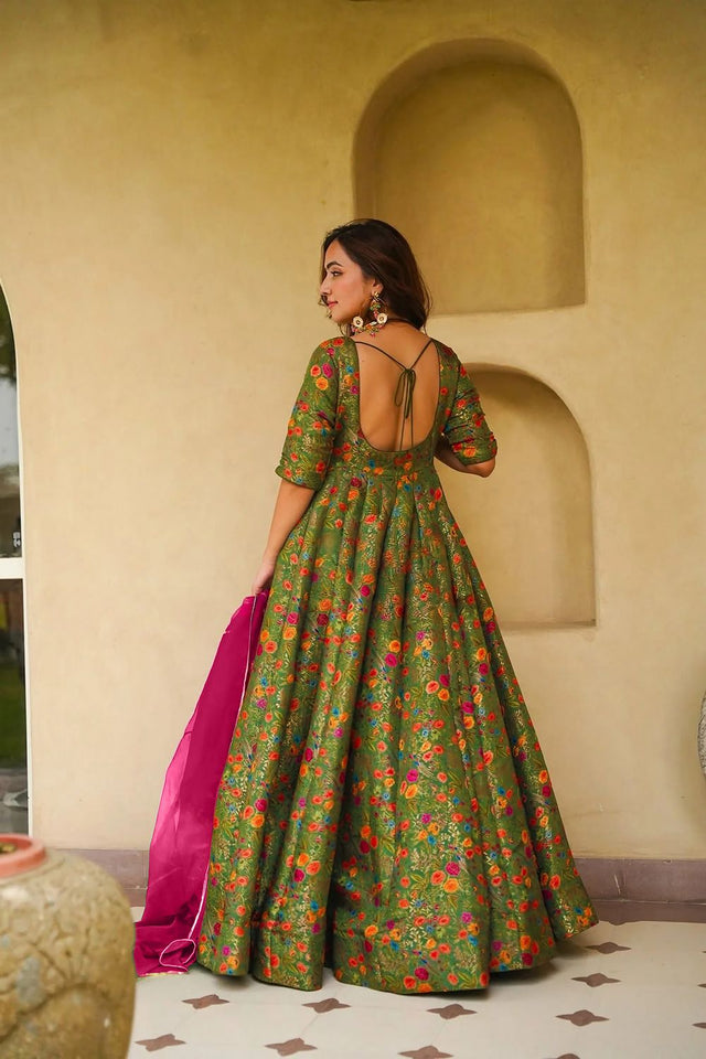Mehendi Floral Printed Silk Gown (ACA9338)