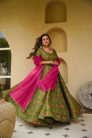 Mehendi Floral Printed Silk Gown (ACA9338)