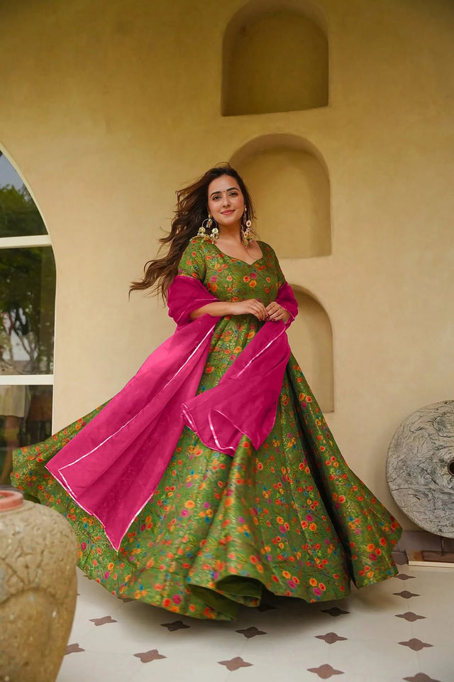 Mehendi Floral Printed Silk Gown (ACA9338)